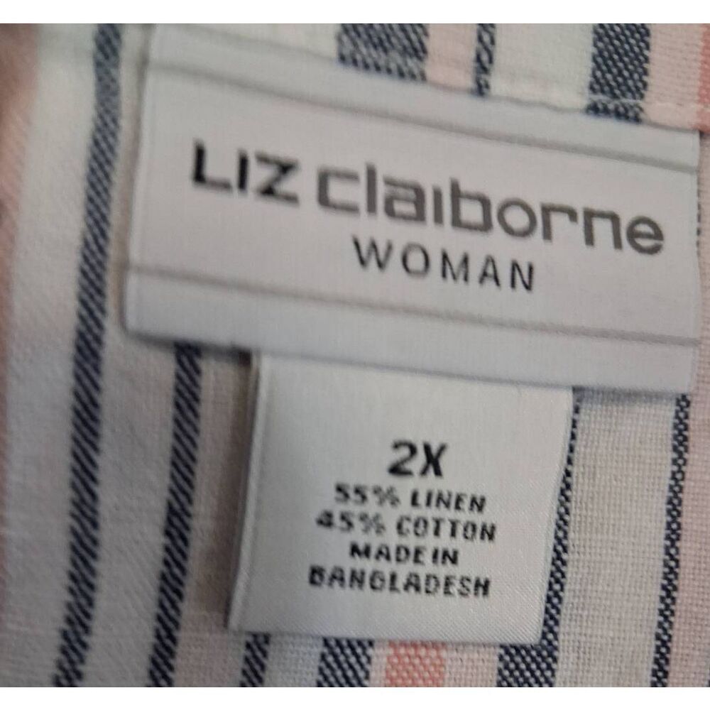 Liz Claiborne womens 2xl linen blouse gray coral pink stripe top summertime - Picture 7 of 9